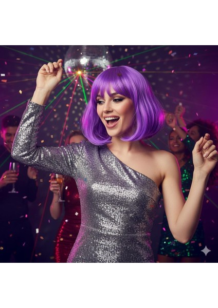 Peruk Küt Saç Kısa Kahküllü 25 cm Mor Içi Astarlı Kafayı Saran