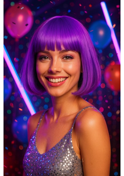 Peruk Küt Saç Kısa Kahküllü 25 cm Mor Içi Astarlı Kafayı Saran modelleri