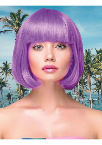 Peruk Küt Saç Kısa Kahküllü 25 cm Mor Içi Astarlı Kafayı Saran indirimleri