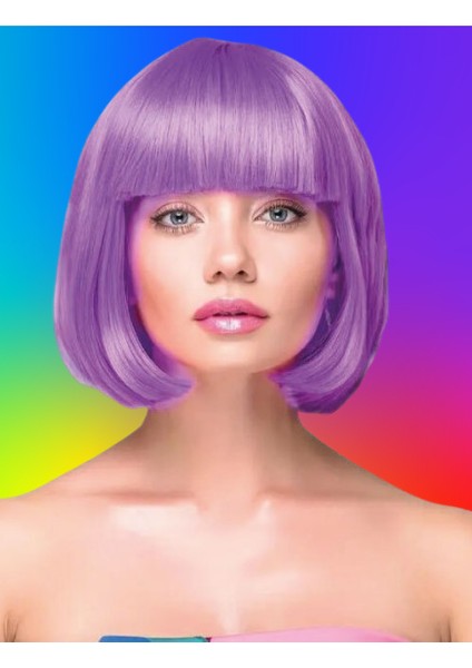 Peruk Küt Saç Kısa Kahküllü 25 cm Mor Içi Astarlı Kafayı Saran