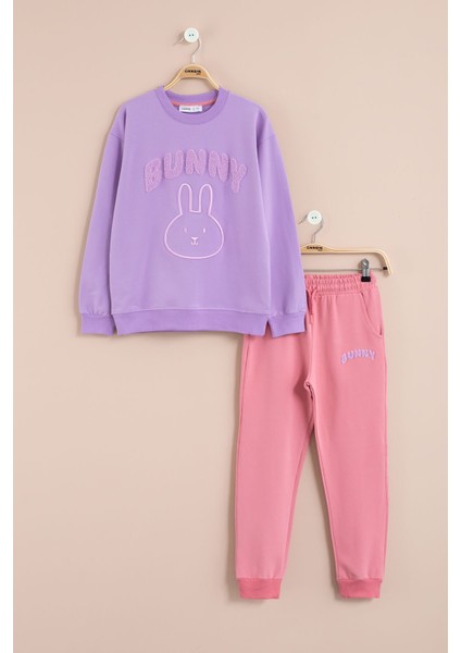 Lila Tavşan Nakışlı Bisiklet Yaka Kız Çocuk Eşofman Takımı 23392