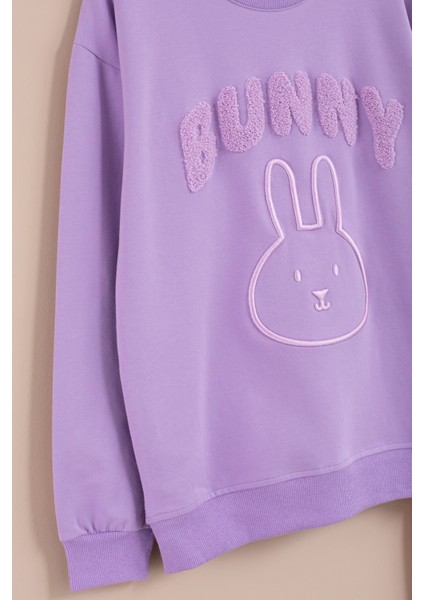 Lila Tavşan Nakışlı Bisiklet Yaka Kız Çocuk Eşofman Takımı 23392 modelleri