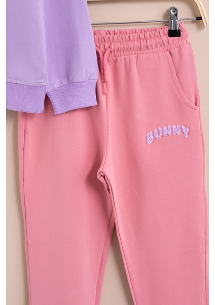Lila Tavşan Nakışlı Bisiklet Yaka Kız Çocuk Eşofman Takımı 23392 fırsatları
