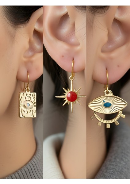 Göz Kırmızı Güneş Nazar Göz 3’lü Sembol Kadın Küpe Set