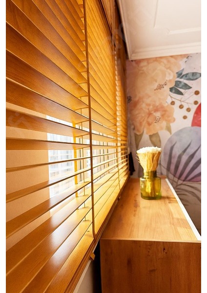 Meşe Renk Gerçek Ahşap Jaluzi 50MM Zincirli Redüktörlü Kurdelalı AJS1006 modelleri