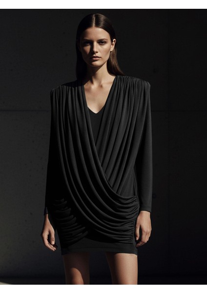 Drape Detaylı Uzun Kullu V Yaka Mini Elbise - Siyah
