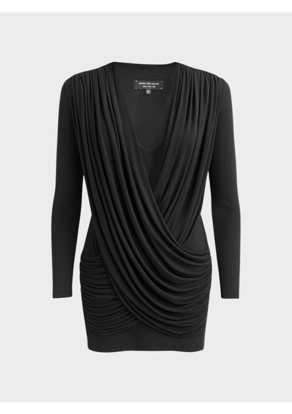 Drape Detaylı Uzun Kullu V Yaka Mini Elbise - Siyah fiyatları