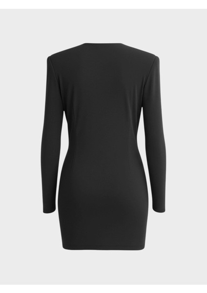 Drape Detaylı Uzun Kullu V Yaka Mini Elbise - Siyah modelleri