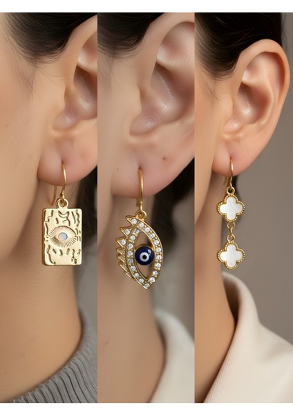 Göz Nazar Göz Beyaz Yonca 3’lü Sembol Kadın Küpe Set