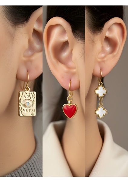 Göz Kırmızı Kalp Beyaz Yonca 3’lü Sembol Kadın Küpe Set