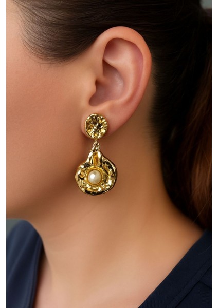 Lüks Gold Rengi Inci Sallantılı Küpe Deniz Kabuğu Abiye Kadın