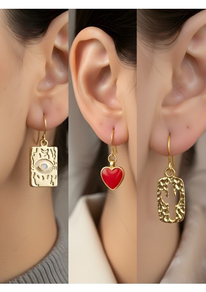 Göz Kırmızı Kalp Kaktüs 3’lü Sembol Kadın Küpe Set