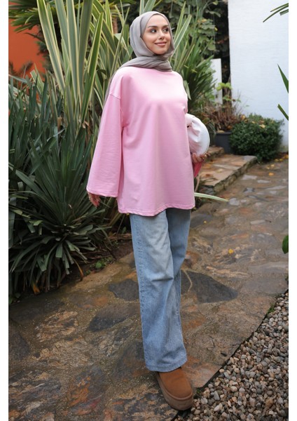 Pembe Bisiklet Yaka Oversize Penye Sweat