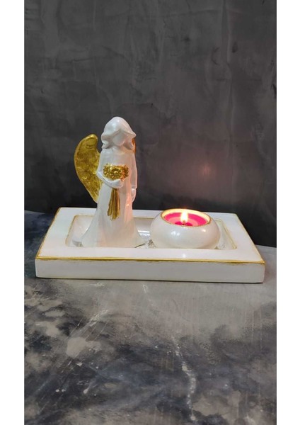 Beyaz Melekli Mumluk ve Sunum Tabağı, Şık ve Zarif Yılbaşı Dekoru Seti