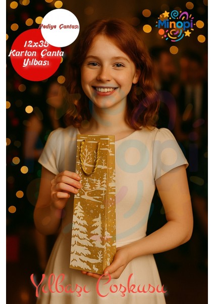 Yılbaşı Desenli Krem Hediye Çantası 5'li 12X35 cm modelleri