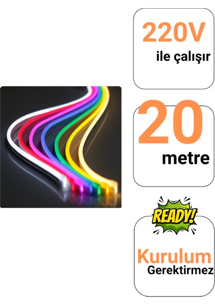 220V Rgb Neon LED Set 3 Metre | Kumandalı Renk Değiştiren Şerit | IP65 Su Geçirmez Dekoratif Aydınlatma