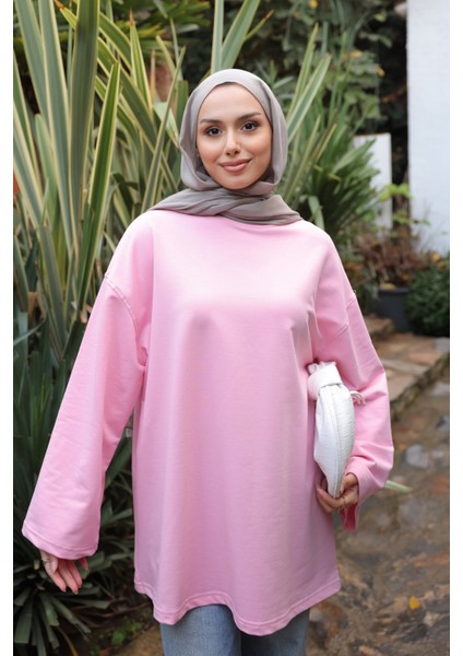 Pembe Bisiklet Yaka Oversize Penye Sweat modelleri
