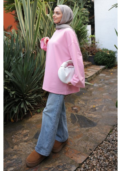 Pembe Bisiklet Yaka Oversize Penye Sweat fırsatları