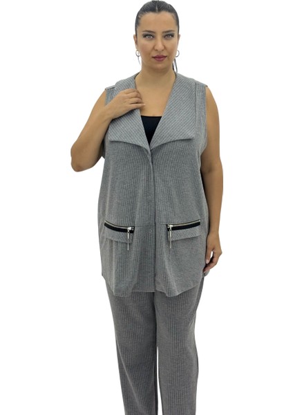 Büyük Beden Viskon Gri Çizgili Yelek Pantolon Oversize Kadın Takım