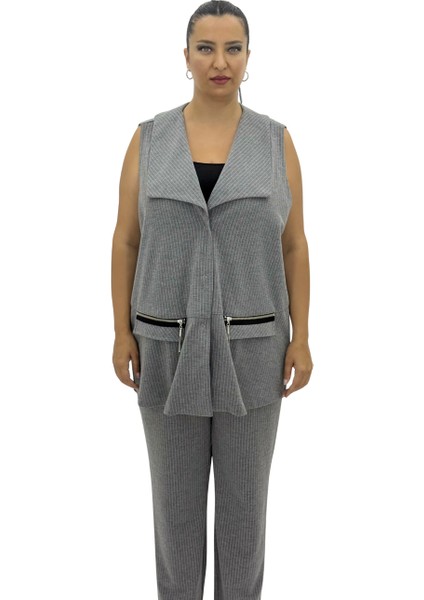 Büyük Beden Viskon Gri Çizgili Yelek Pantolon Oversize Kadın Takım fiyatları