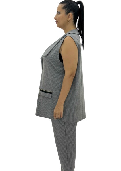 Büyük Beden Viskon Gri Çizgili Yelek Pantolon Oversize Kadın Takım modelleri