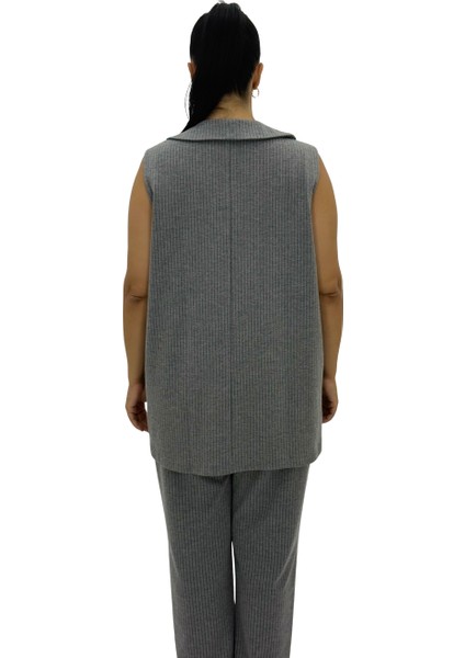 Büyük Beden Viskon Gri Çizgili Yelek Pantolon Oversize Kadın Takım fırsatları