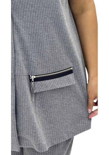 Büyük Beden Viskon Gri Çizgili Yelek Pantolon Oversize Kadın Takım indirimleri