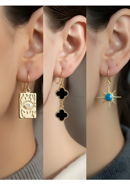 Göz Siyah Yonca Mavi Güneş 3’lü Sembol Kadın Küpe Set