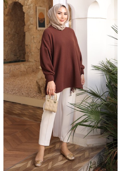 Kahverengi Bisiklet Yaka Keçe Kazak modelleri