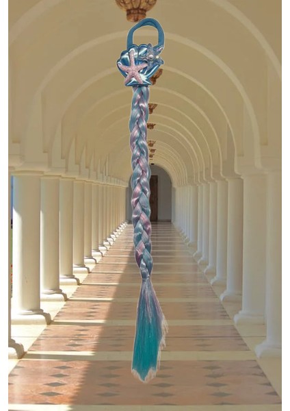 Mavi Lastik Tokalı Tek Örgü Peruk Saç Toka Deniz Kızı Tokası 38CM