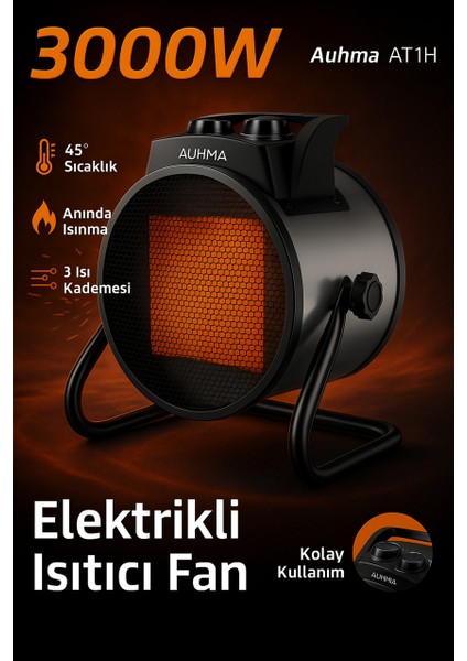 AT1H Elektrikli Isıtıcı Fan Gri | 3000W Hızlı Isınma, 3 Kademeli Ayar, Sessiz Ptc Isıtma Teknolojisi