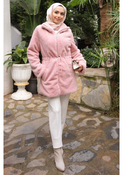 Pudra Beli İpli Flato Cepli Fermuarlı Peluş Mont modelleri