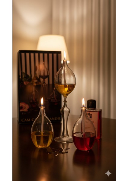 Üfleme Cam Kandil 3'lü Set+Kandil Yağ Hediyeli