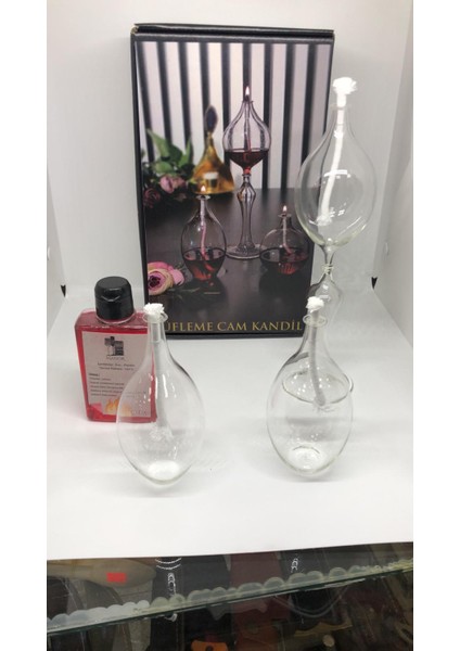 Üfleme Cam Kandil 3'lü Set+Kandil Yağ Hediyeli modelleri