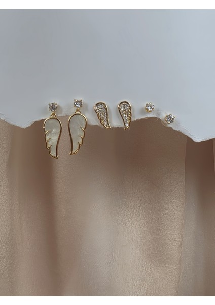 6'lı Kanat Sedefli Zirkon Taşlı Çelik Küpe Seti fırsatları