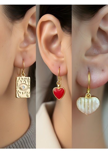 Göz Kırmızı Kalp Beyaz Kalp 3’lü Sembol Kadın Küpe Set