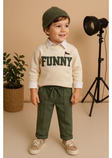 Erkek Bebek&çocuk Funny Nakışlı Sweatshirt Gömlek Pantolon Spor 3'lü Takım