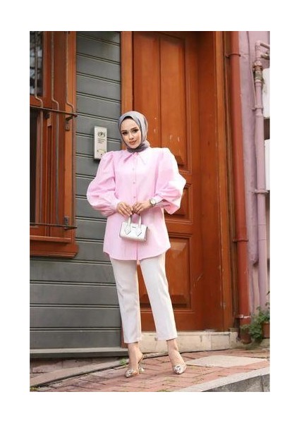 Sivri Yaka Balon Kol Taşlı Düğmeli Gömlek Açık Pembe