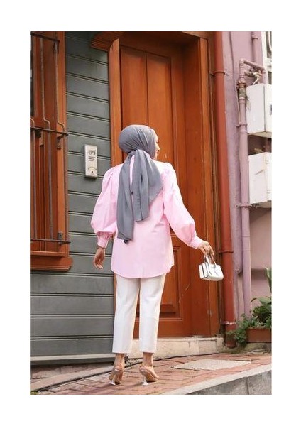 Sivri Yaka Balon Kol Taşlı Düğmeli Gömlek Açık Pembe fiyatları
