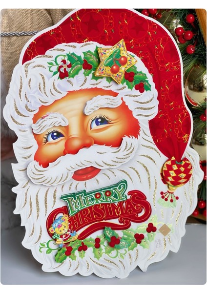 Kırmızı 3D Noel Baba Poster Yılbaşı Kapı ve Duvar Süsü Simli Resim