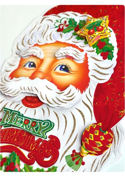 Kırmızı 3D Noel Baba Poster Yılbaşı Kapı ve Duvar Süsü Simli Resim fiyatları