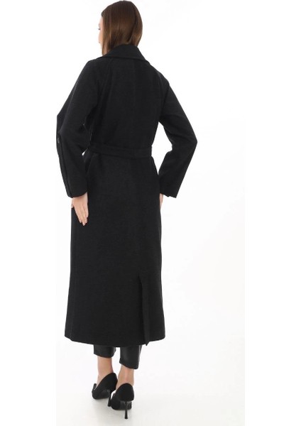Kadın Uzun Kaşe Kaban – Yünlü Dokuma Kaşmir Kumaş, Kruvaze Yaka, Kuşaklı Astarlı Tesettür Uyumlu Şık Kışlık Siyah Model - Siyah fırsatları