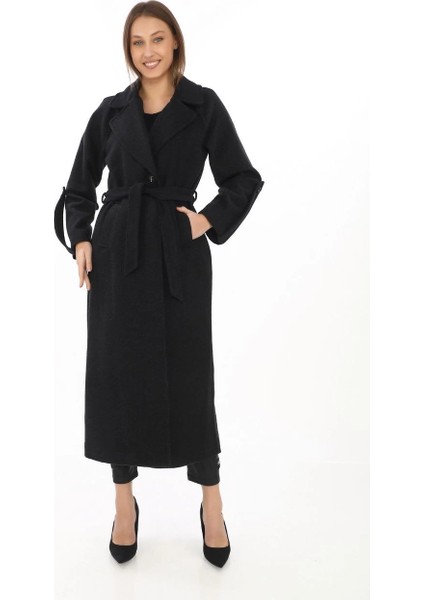 Kadın Uzun Kaşe Kaban – Yünlü Dokuma Kaşmir Kumaş, Kruvaze Yaka, Kuşaklı Astarlı Tesettür Uyumlu Şık Kışlık Siyah Model - Siyah indirimleri