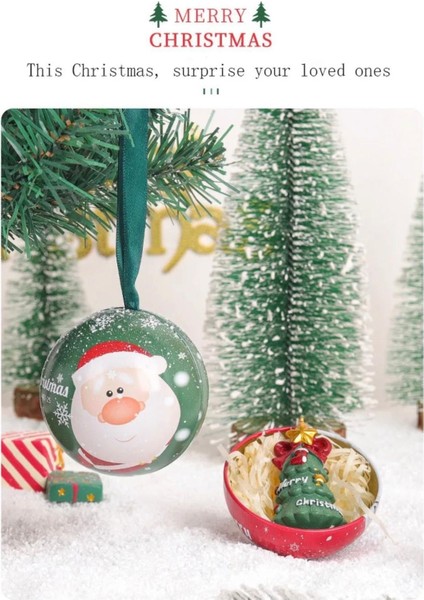 Yeşil Yılbaşı Metal Çam Ağacı Süsü Topu Sürpriz Hediye Kutusu Noel Baba Desenli