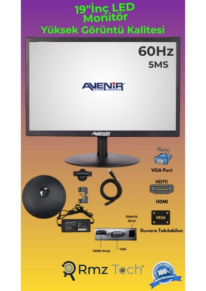 M19C Sessiz 19" LED Monitör, HDMI , VGA Uyumlu, 1920X1080P Fhd 4K Destekli, 5ms ( Pc, Kayıt Cihazlarına Uyumlu)