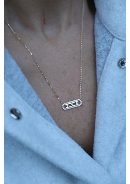 14 Ayar Altın Taşlı Çerçeveli Üç Taşlı Kolye