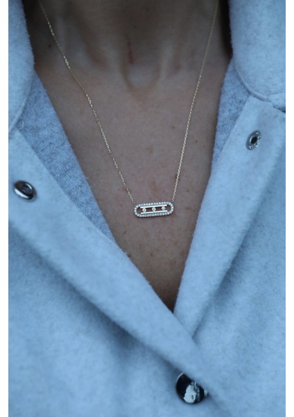 14 Ayar Altın Taşlı Çerçeveli Üç Taşlı Kolye fiyatları