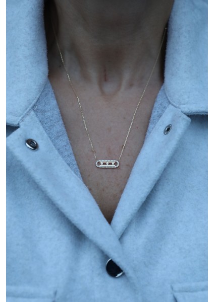 14 Ayar Altın Taşlı Çerçeveli Üç Taşlı Kolye modelleri