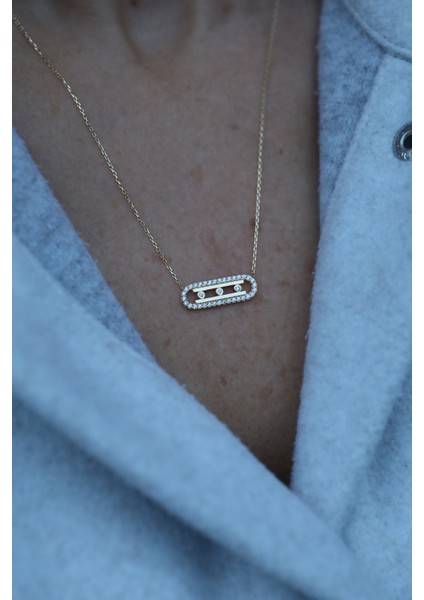 14 Ayar Altın Taşlı Çerçeveli Üç Taşlı Kolye fırsatları