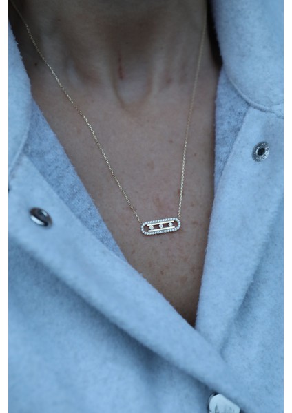 14 Ayar Altın Taşlı Çerçeveli Üç Taşlı Kolye indirimleri